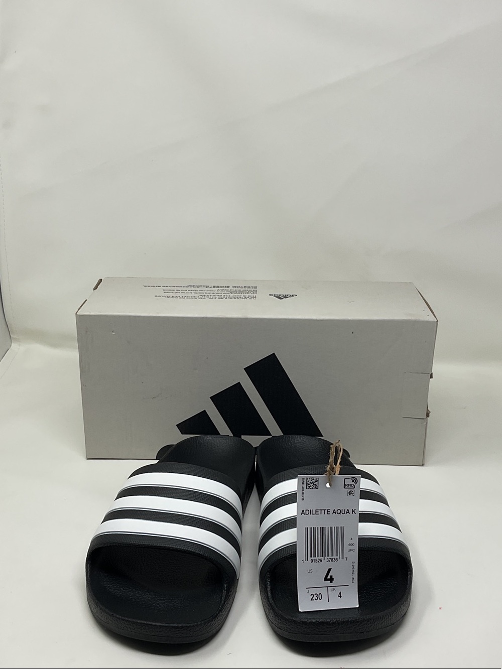 Kids size 4 adidas Black and White Adilette Aqua Slide Sandals NEW